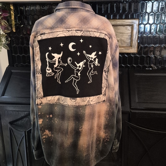 Upcycled Tops - Witchy Women Upcycled Bleached Distressed Flannel Shirt With Heat Bonded Patch